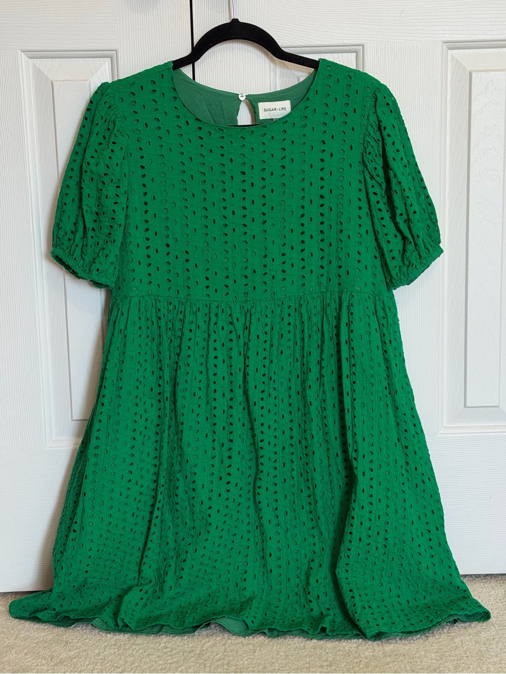 SugarLips Jacey Eyelet Babydoll Mini Dress Kelly Green Large - Picture 2 of 5